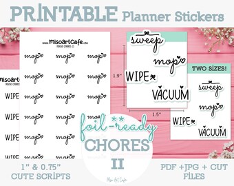 House Chores II Script Printable Planner Stickers - Instant Download | Foil Ready | Weekly Planner | PP Weeks | Vertical | Script Sticker