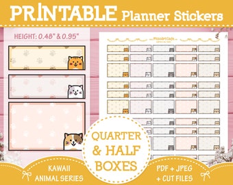 Cat Quarter and Half Functional Boxes Printable Planner Stickers - Instant Download | Weekly Planner | Erin Condren | Cute Animal Stickers