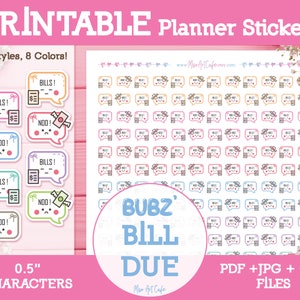 Bill Due (Bubz) Printable Planner Stickers - Cute Character Stickers for Weekly Planner, Happy Planner, Hobonichi, Bullet Journal, Budget