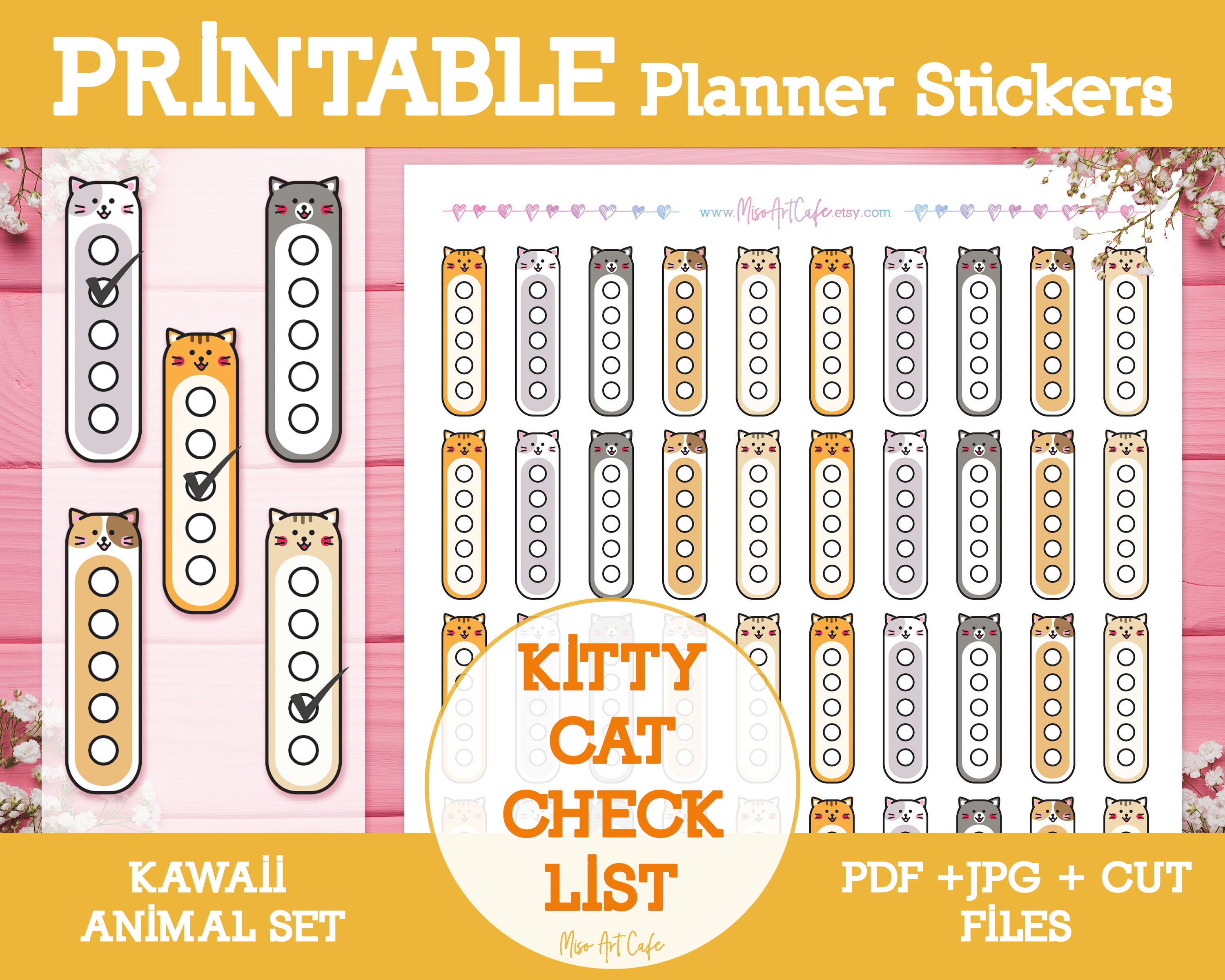 cat checklist kawaii printable planner stickers daily etsy