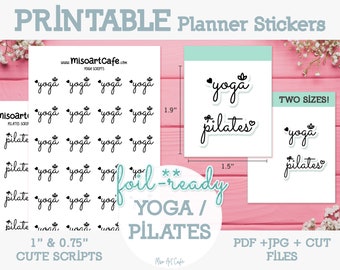 Yoga / Pilates Script Printable Planner Stickers - Instant Download | Foil Ready | Weekly Planner | Home Exercise | Health & Fitness Planner