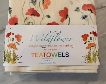 Wildflower Cotton Tea Towels- This design is called Poppies.   Floral flour Sack Towel- painted floral