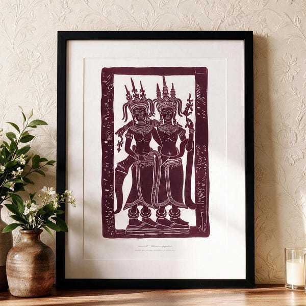 Starożytne Khmer Apsara siostry Giclée Art Print, historyczna sztuka Kambodży, wystrój Angkor Wat, druk reprodukcji Giclée