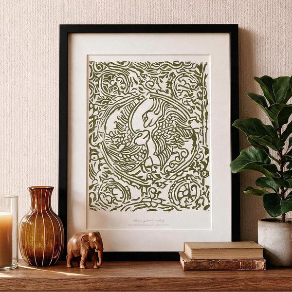 Starożytna khmerska papuga ulga Giclée Art Print, Linoryt archiwalne Art Print, Kambodża, Angkor Wat art, sztuka ptaka, druk reprodukcji Giclée