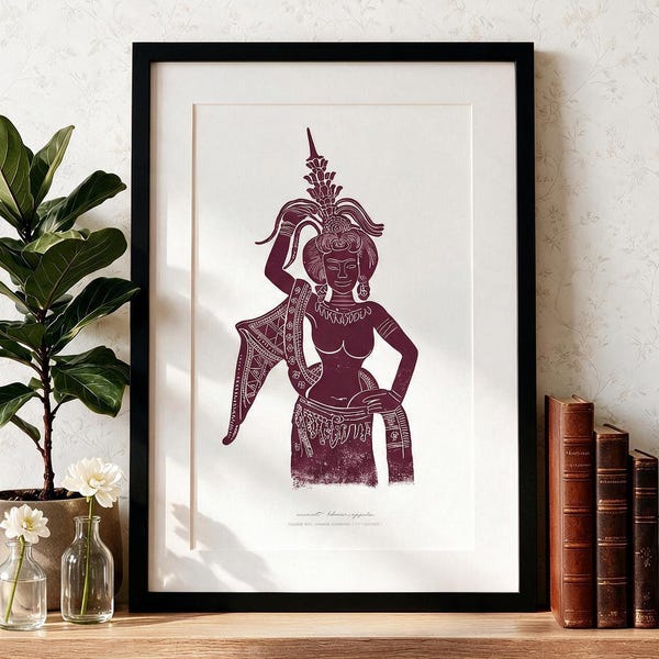 Starożytny khmerski druk wypukły Apsara, historyczna kambodżańska sztuka linorytu Angkor Wat, reprodukcja giclée