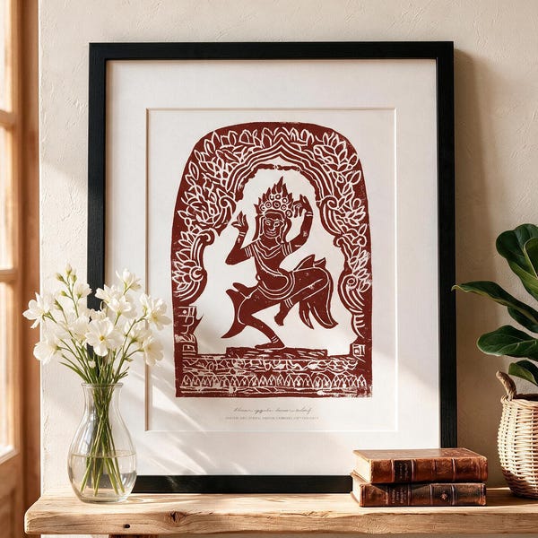 Starożytny Khmer Apsara tancerz ulga Giclée Art Print, historyczny kambodżański linoryt Print, sztuka Kambodży, Kambodża, druk reprodukcji Giclée