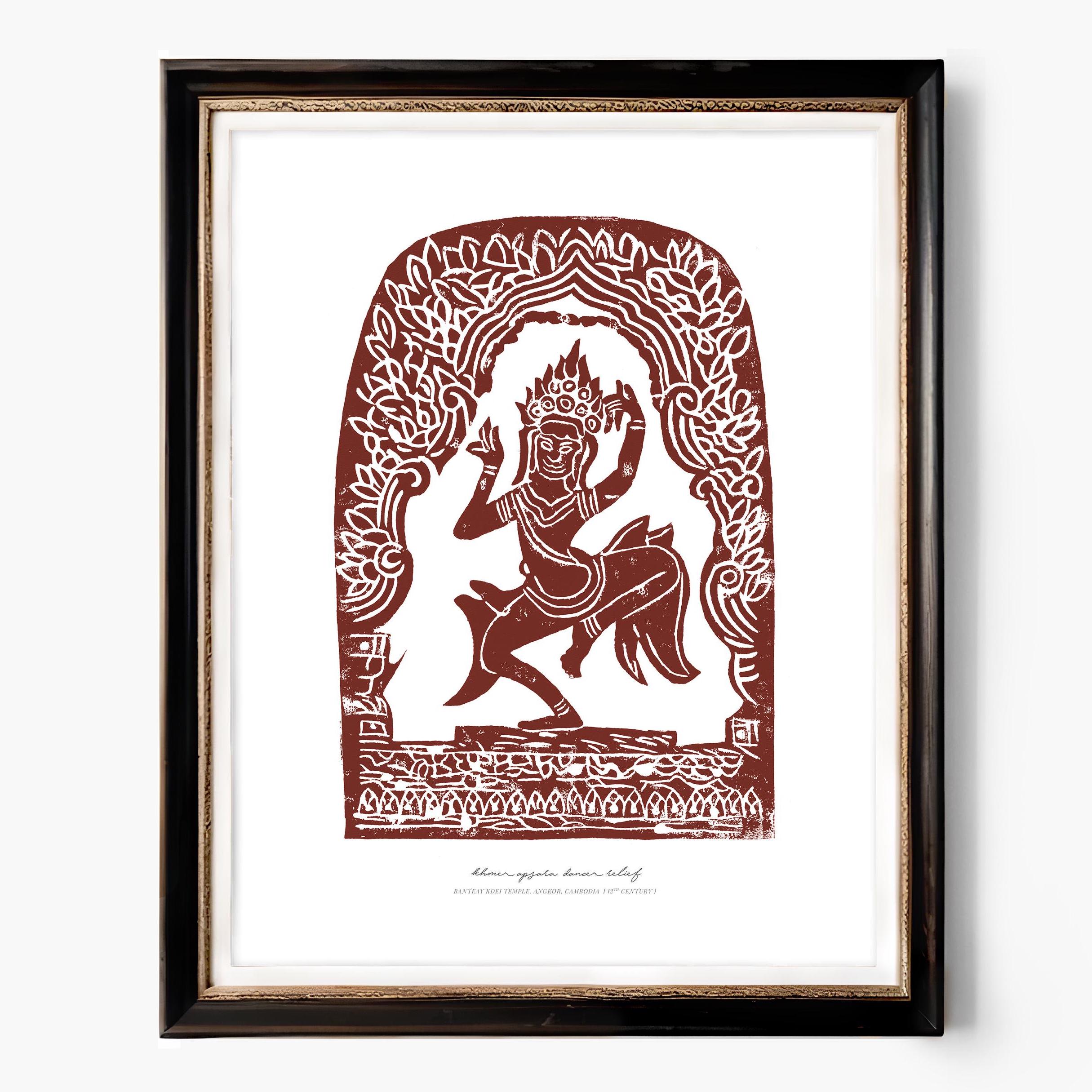 Ancient Khmer Apsara Dancer Relief Giclée Art Print, Linocut