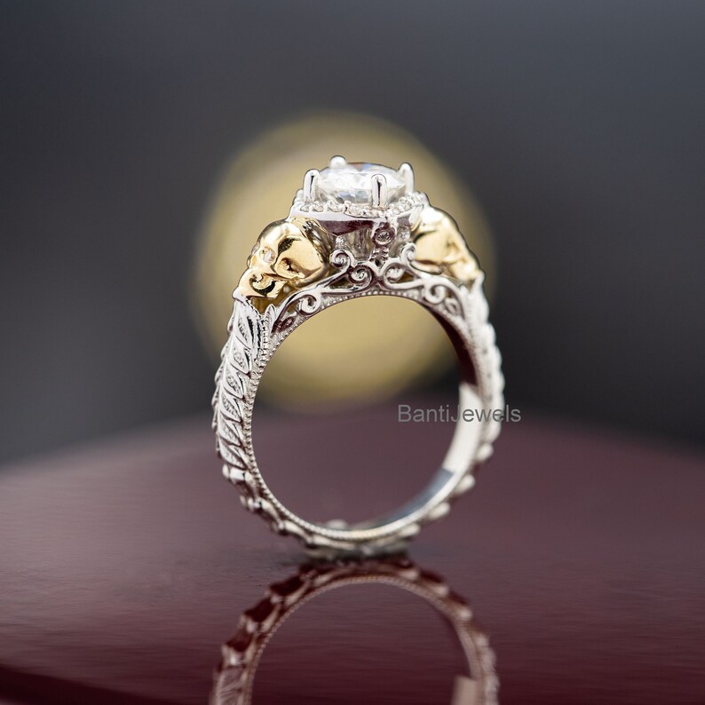 Two Skull Face 2 carat Round Halo Moissanite Engagement Ring Round Halo Engagement Ring Wedding Ring Vintage Skull Ring Sterling Silver
