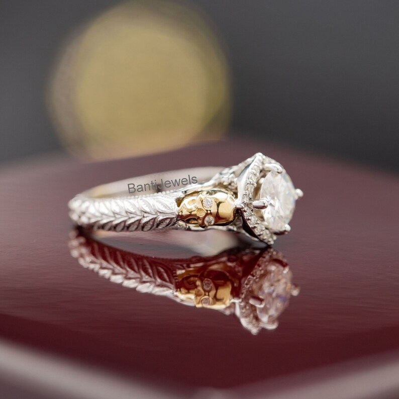 Two Skull Face 2 carat Round Halo Moissanite Engagement Ring Round Halo Engagement Ring Wedding Ring Vintage Skull Ring Sterling Silver