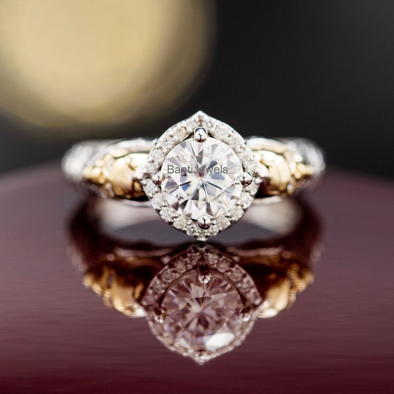 Two Skull Face 2 carat Round Halo Moissanite Engagement Ring Round Halo Engagement Ring Wedding Ring Vintage Skull Ring Sterling Silver