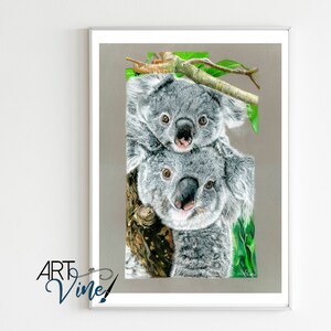 May include: A drawing of two koalas, one on top of the other, looking at the viewer. The koalas are drawn in a realistic style with gray fur and black eyes. The background is a light gray color with green leaves.