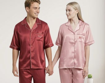 Monogrammed Satin Couples Pajamas, Matching PJs, Valentines Gift