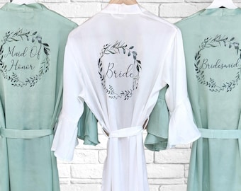 Bridesmaid Sage Silk Robes Personalized Wedding Gown, Bridal Party, Bride, Maid of Honor Gown Floral Satin