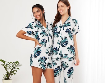 Palm Leaf Bachelorette Pajamas Tropical Wedding Pajamas Bridal Party pajamas Cotton pajama Set Bridesmaid Proposal Gifts Personalized PJs