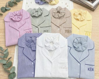 100% Cotton Striped Pajama Set with Scrunchie, Personalized Bridal Party Gift, Bride Pajamas in Striped Seersucker