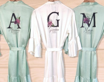 SAGE GREEN ROBE Personalised Bridal robe Wedding Dressing Gown, Initial Floral Bridal robe, Robes, Satin Wedding Robe, bridesmaid robe