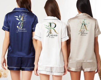 Personalized Floral Monogram Satin Bridal Party Pajamas, Bridesmaid Gift, Plus Size PJs