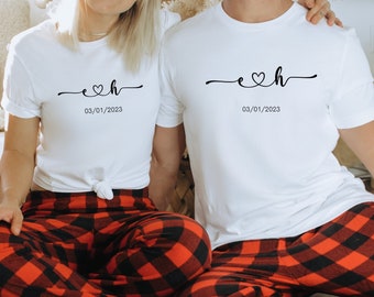 Valentines Day Gift, Couples Pajamas, Valentines Monogram shirt with pants, Matching Couples Pajamas, gift for Him, Gift for Her