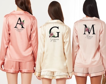 Floral Monogram Satin Bridesmaid Pajama Set, Bridal Party PJs