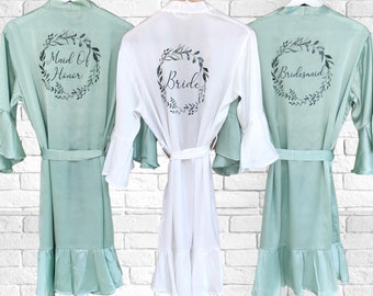 Custom Bridesmaids robes for Bridal party, Wedding Dressing Gown, Foliage floral Bridal robe, Ruffle bridal Robe, Satin Robe