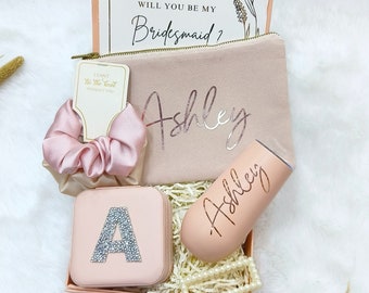 Bridesmaid Gift Box with Makeup Bag Tumbler Jewellery Box Personalized Proposal Box with Cosmetic Bag and Tumbler Will You Be My Bridesmaid