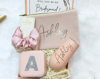 Personalized Bridesmaid Proposal Box: Makeup Bag, Tumbler & Jewelry Box