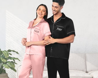 Pyjamas de couple, Cadeau de couples, Pyjamas en satin assortis, Cadeaux pour lui, Cadeaux pour elle, Cadeaux pour le couple, Pyjamas Valentine