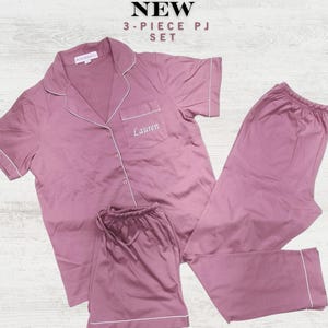 Soft & Stretchy Monogram Sleep Pajamas Top, Shorts Pants - 3-Piece Set, Gift for Her, Personalized Gift for Women, Bridesmaid PJs, Bride PJs