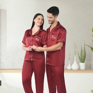 His and Hers Matching Satin Pajamas, Customized Short Sleeve + Pants Pajamas, Personalized Pajamas, Couple Pajamas, Matching Pajamas