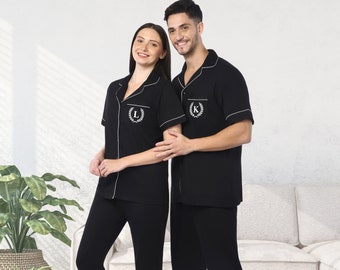 Personalized Mr and Mrs Cotton Couple Pajamas, Embroidered Matching PJs Gift