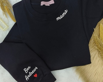 Personalized Mama Sweatshirt with Kid Names on Sleeve, Mothers Day Gift, Birthday Gift for Mom, New Mom Gift, Minimalist Neckline Sweater