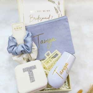 Conjunto de caja de regalo de propuesta de dama de honor / Caja de regalo de dama de honor azul polvorienta personalizada / Regalos de despedida de soltera azul pizarra /