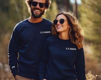 Verjaardagsdatum paren sweatshirt, gepersonaliseerde geborduurde Romeinse cijfers sweatshirt, cadeau voor hem, bijpassende paren sweatshirt