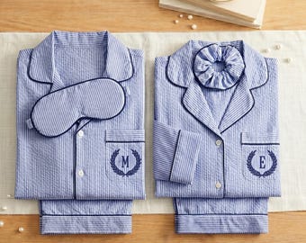 Striped Cotton Couple Pajamas with Eye Mask and Scrunchie, Custom Monogrammed Set, Matching Pajamas, Anniversary gift, Honeymoon gift