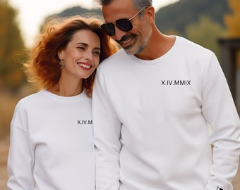 Custom Embroidered Roman Numerals Sweatshirt for couples, Add your Initial on the Sleeve, Anniversary, Valentines Day and Christmas Gift