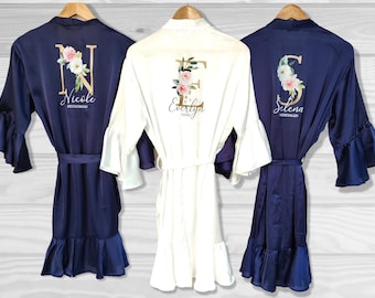 Personalised Bridal robe Navy Robe Wedding Dressing Gown, Initial Floral Bridal robe, Robes, Satin Wedding Robe, bridesmaid robe