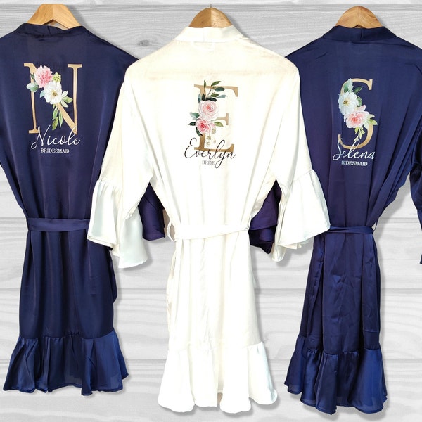 Personalised Bridal robe Navy Robe Wedding Dressing Gown, Initial Floral Bridal robe, Robes, Satin Wedding Robe, bridesmaid robe