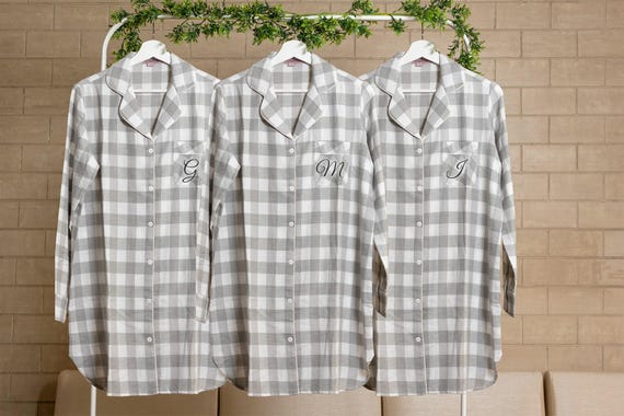 Grey Plaid Bridesmaid Shirts, Bridesmaid Flannel, Bridesmaid Flannels, Grey Checks Boyfriend shirts, sleepwear shirt, bridesmaids pajamas
