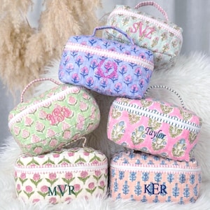 Regalo per la festa della mamma, astuccio da viaggio con stampa a blocchi, beauty case, pochette cosmetica da viaggio, regali per damigelle d'onore, regali per il gruppo nuziale, trousse per il trucco con monogramma