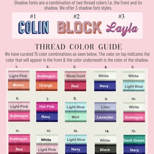 May include: A chart showing 15 different thread color combinations for embroidery. The chart is divided into 15 squares, each with two colors. The top color represents the front of the embroidery, and the bottom color represents the shadow. The colors include light pink, bubblegum, rose gold, white, light blue, hot pink, navy, mint, lilac, lavender, red, dark green, and black.