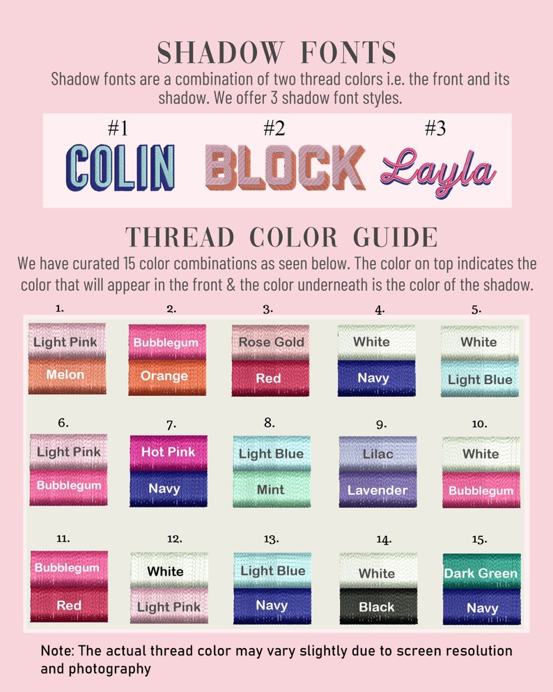 May include: A chart showing 15 different thread color combinations for embroidery. The chart is divided into 15 squares, each with two colors. The top color represents the front of the embroidery, and the bottom color represents the shadow. The colors include light pink, bubblegum, rose gold, white, light blue, hot pink, navy, mint, lilac, lavender, red, dark green, and black.