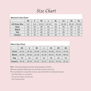 May include: Size chart with measurements for women's and men's clothing. The women's chart includes US dress sizes, bust, waist, hip, and inseam measurements in inches. The men's chart includes chest, waist, hip, and inseam measurements in inches.