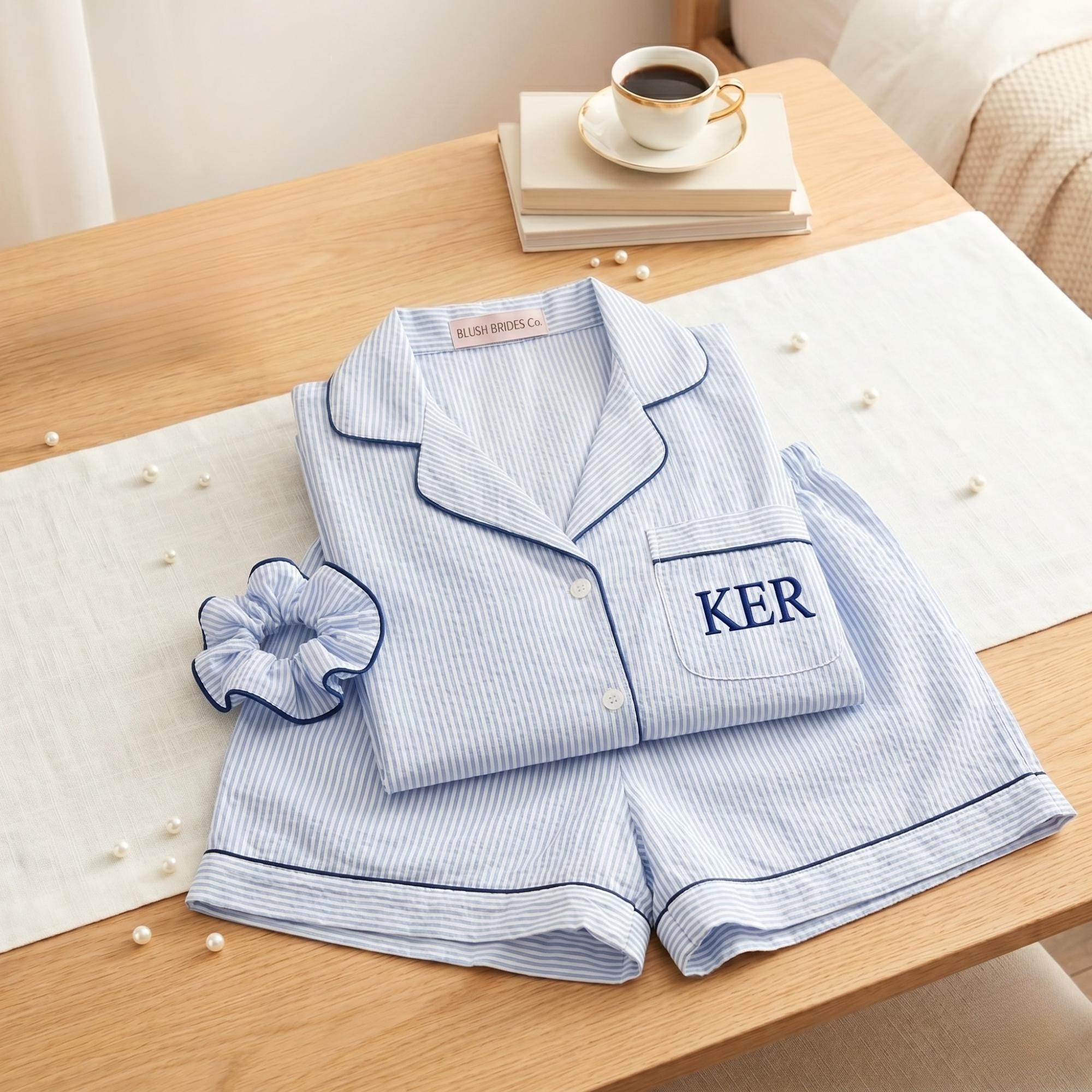 Personalized Striped Cotton Pajama Set, Bridesmaid Bridal Party Gift