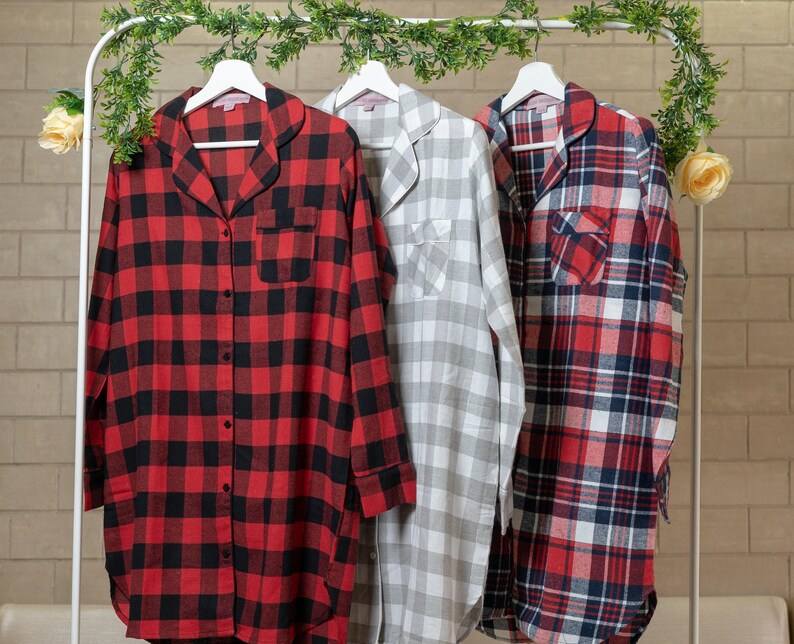 Camisas de dama de honor a cuadros grises, franela para dama de honor, franelas para dama de honor, camisas estilo boyfriend a cuadros grises, camisa de dormir, pijamas para damas de honor imagen 4