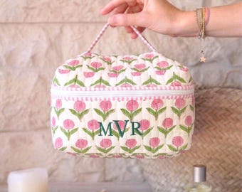 Embroidered Quilted Cotton Train Case, Hand Block Print Toiletry Bag, Bridal Party Gift