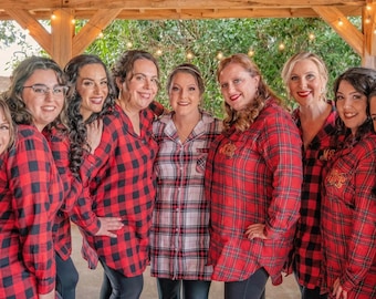 Embroidered Bridesmaid Flannel Sleep Shirt, Bridal Party Plaid Pajama