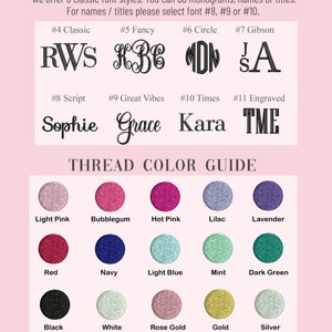 May include: A chart showing 8 different classic font styles for names and titles. The chart also includes a color guide with 12 different thread colors.