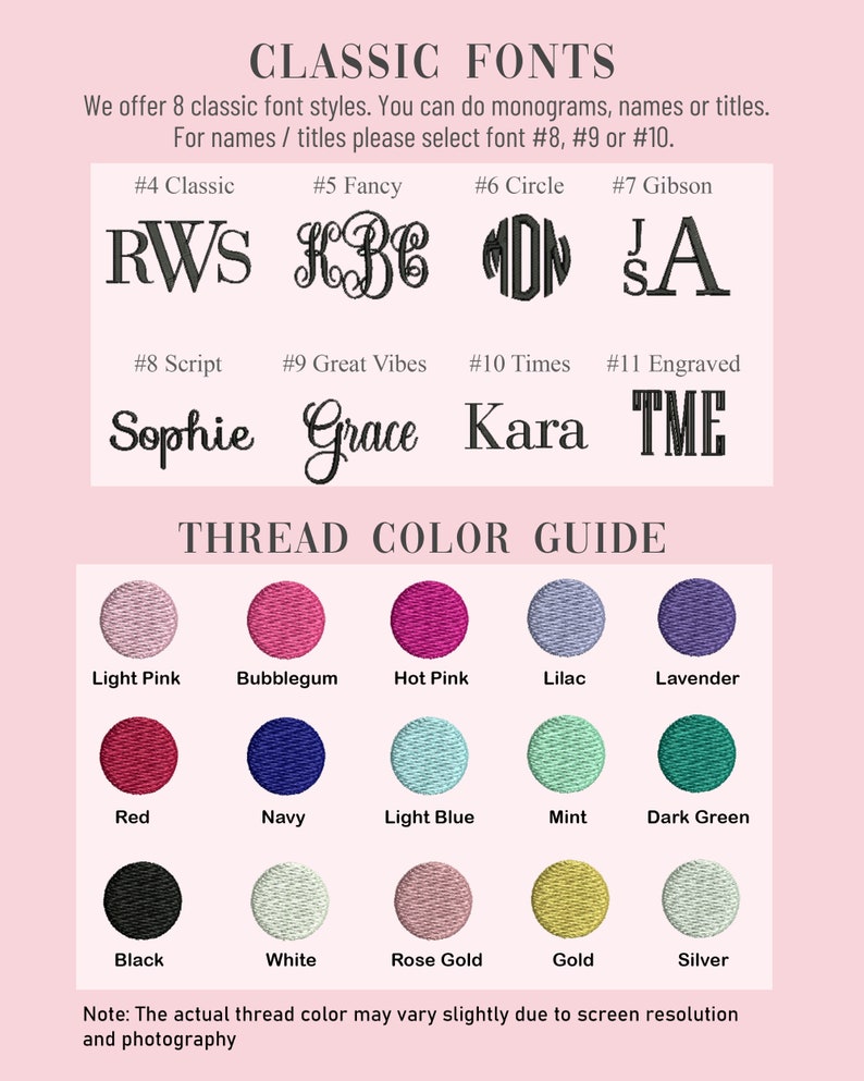 May include: A chart showing 8 different classic font styles for names and titles. The chart also includes a color guide with 12 different thread colors.
