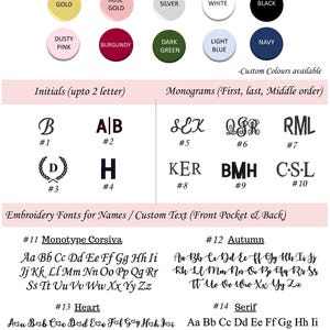 May include: Image showing embroidery options, including thread colors like gold, silver, and navy. It displays initials, monograms, and various font styles such as Monotype Corsiva and Serif, with examples of each. The text encourages customers to select options.