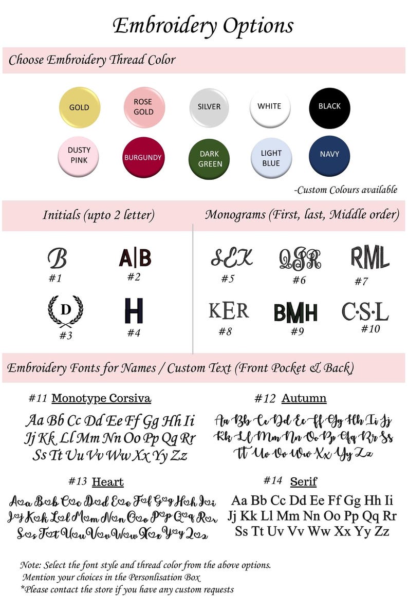 May include: Image showing embroidery options, including thread colors like gold, silver, and navy. It displays initials, monograms, and various font styles such as Monotype Corsiva and Serif, with examples of each. The text encourages customers to select options.